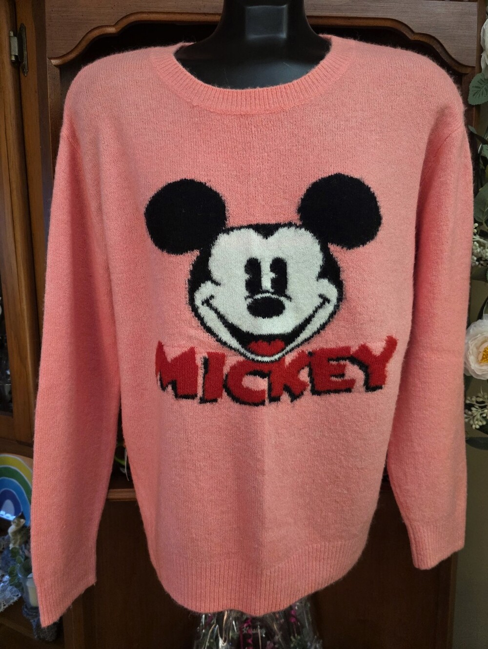 Disney H&M Salmon Mickey Mouse Crewneck Pullover Knit Sweater Size M